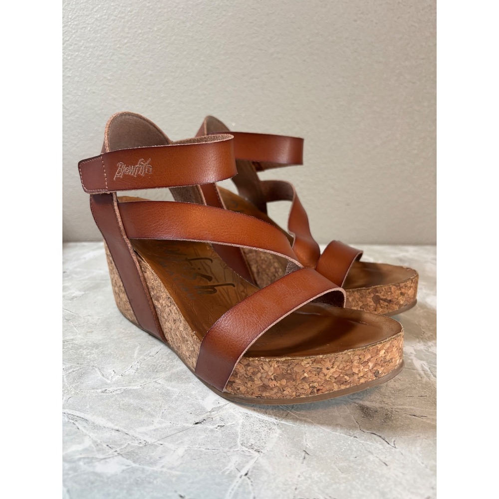 Blowfish Hapuku Womens Whiskey Brown Cork Wedge Sandals Platform Strappy 8.5